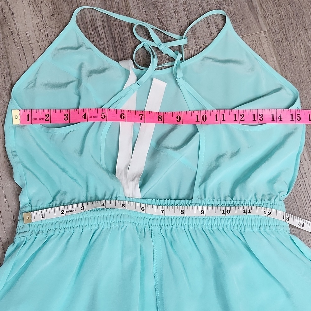 Aritzia X Wilfred "Peri" Teal Blue Silk Spaghetti Strap Shorts Romper Size S/M - Picture 15 of 16